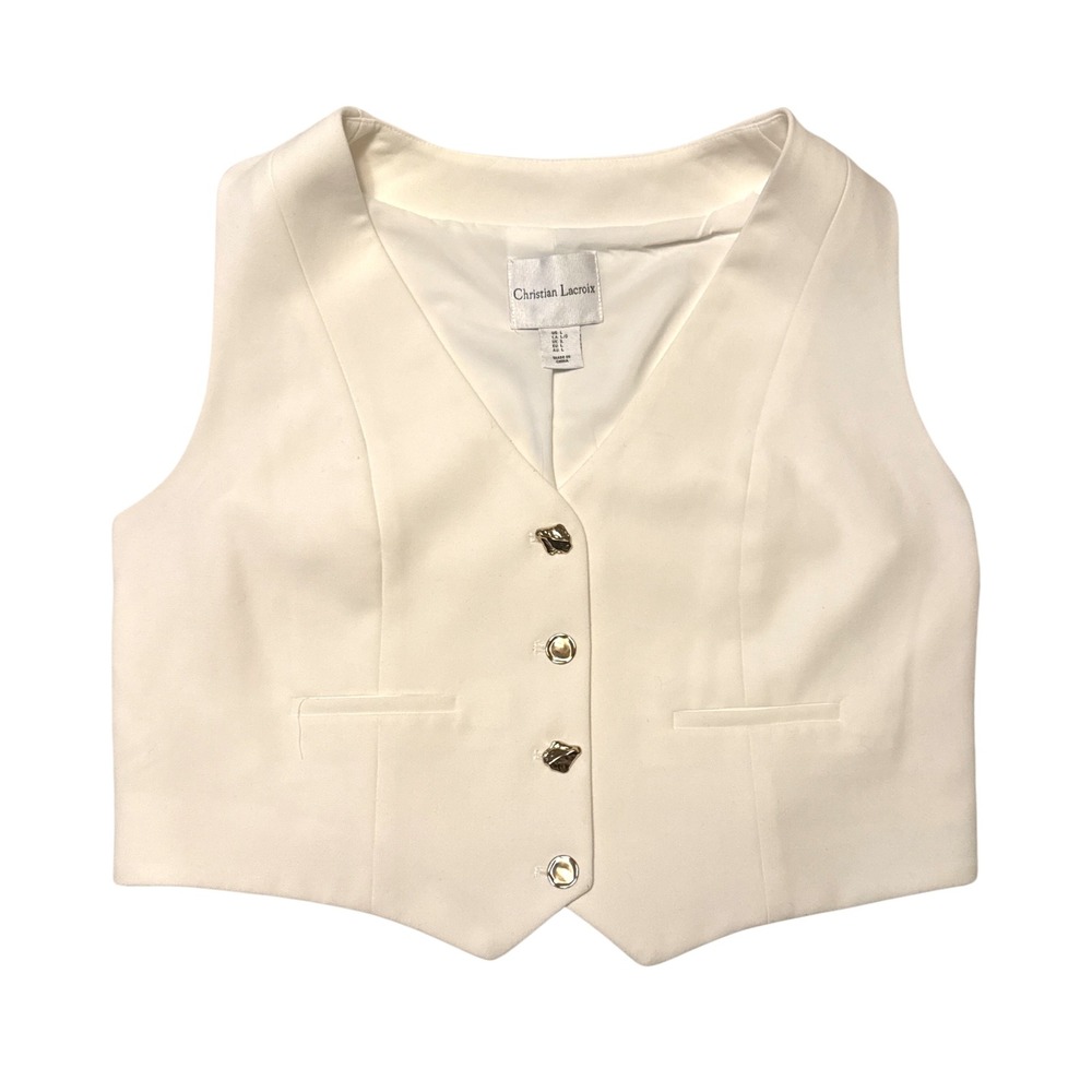 Vtg 90's Christian Lacroix Womens Off White Cropped Tailored Vest Gold Button